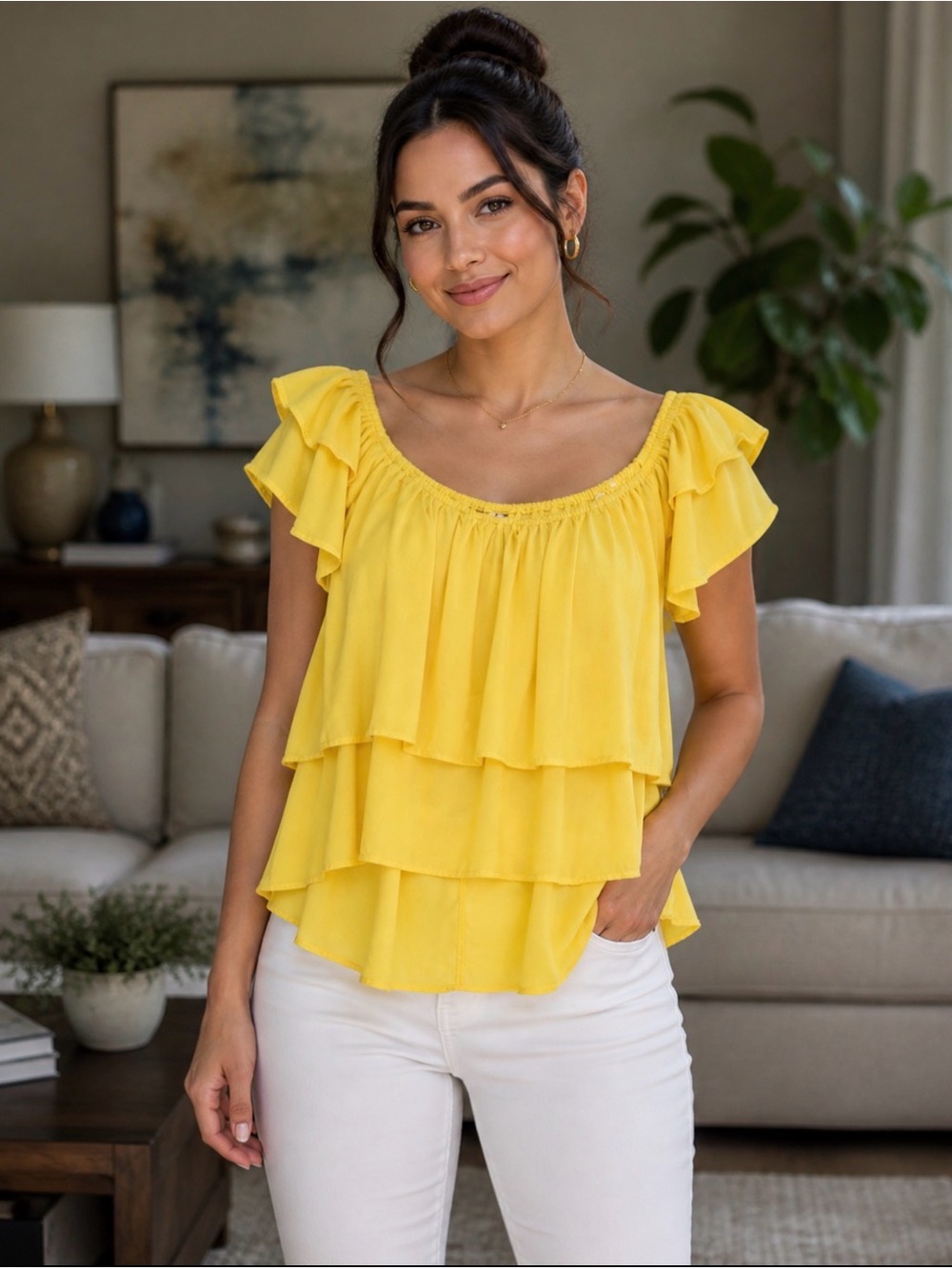 La Ven yellow hi low layered all around ruffle shoulder blouse